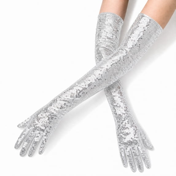Unique Bargains 1 Pair Party Gloves Elegant Extra Long Sequin Long Opera Party Gloves 23.62"x4.72" Silver Tone