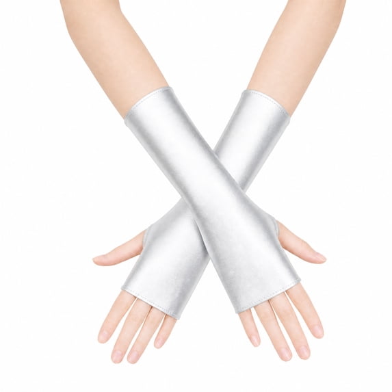 Unique Bargains 1 Pair Party Gloves Elegant Patent Leather Fingerless Short Style Long Opera Party Gloves 9.06"x3.54" Silver Tone