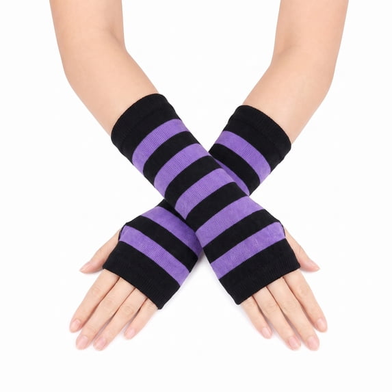 Unique Bargains 1 Pair Fingerless Gloves Stripes Style Knit Gloves Black, Light Purple