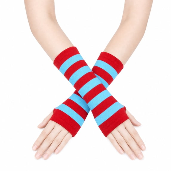 Unique Bargains 1 Pair Fingerless Gloves Stripes Style Knit Gloves Red, Blue