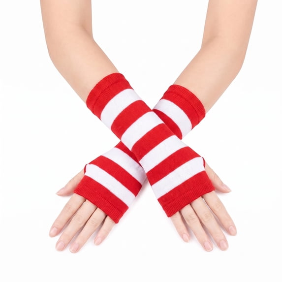 Unique Bargains 1 Pair Fingerless Gloves Stripes Style Knit Gloves Red, White