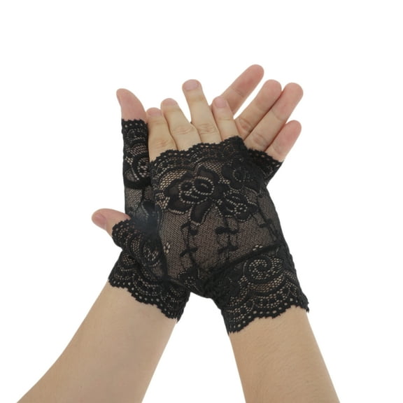 Unique Bargains 1 Pair Sunblock Fingerless Gloves Floral Thin Sun Block Driving Gloves for Women Black