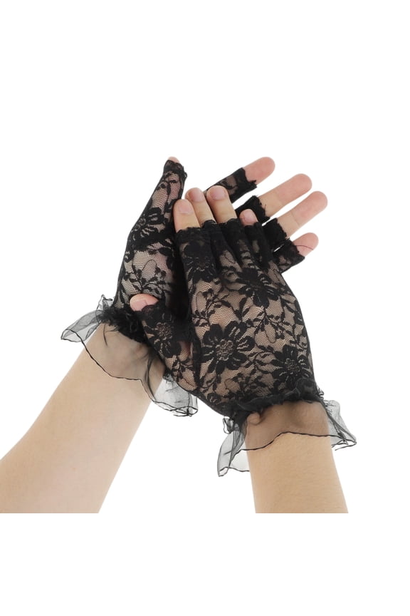 1 Pair Sunblock Fingerless Gloves Half Finger Lace Sun Block Driving Gloves for Women Black