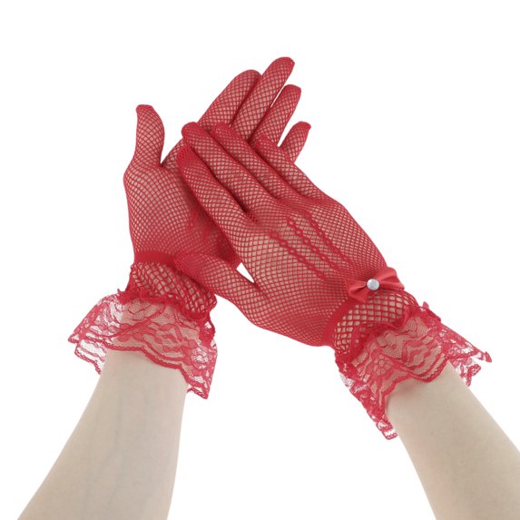 Unique Bargains 1 Pair Sunblock Mittens Fishing Net Rhinestone Sun Block Driving Gloves for Women Red
