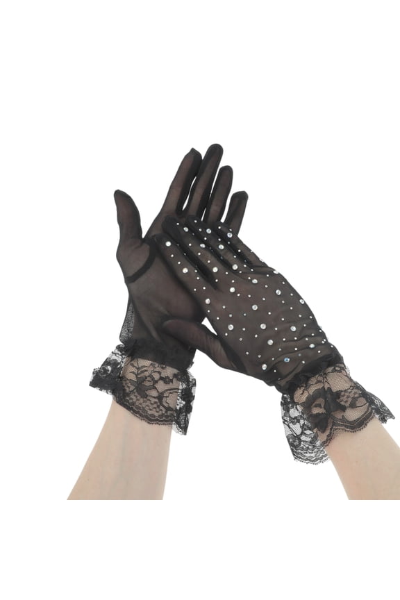 1 Pair Sunblock Mittens Rhinestone Lace Sun Block Driving Gloves for Women Black