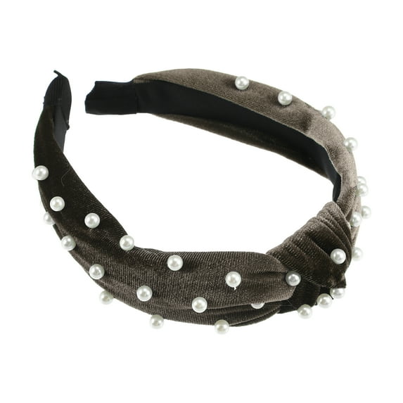 Unique Bargains 1 Pc Bling Twisted Faux Pearl Velvet Headband Headwear Hairband for Women 1.2 Inch Wide Coffee Color