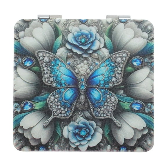 Unique Bargains 1 Pc Blue Butterfly Makeup Mirror for Travel Vacation Gray Green
