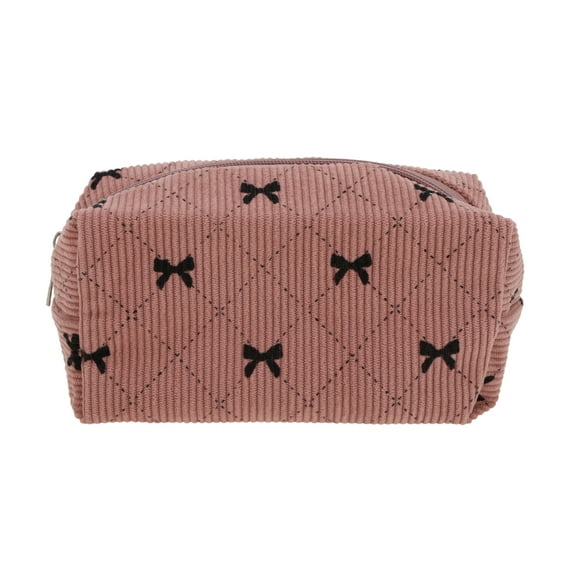 Unique Bargains 1 Pc Bow Corduroy Style Drawstring Makeup Bag for Vacation Dark Pink Corduroy