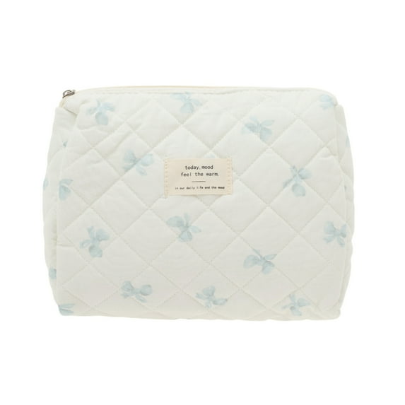 Unique Bargains 1 Pc Bow Quilting Makeup Bag White Blue Cotton Fabric