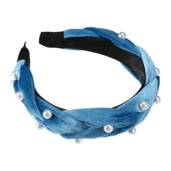 Unique Bargains 1 Pc Braided Faux Pearl Headband Headwear Hairband for Women 1.2 Inch Wide Blue