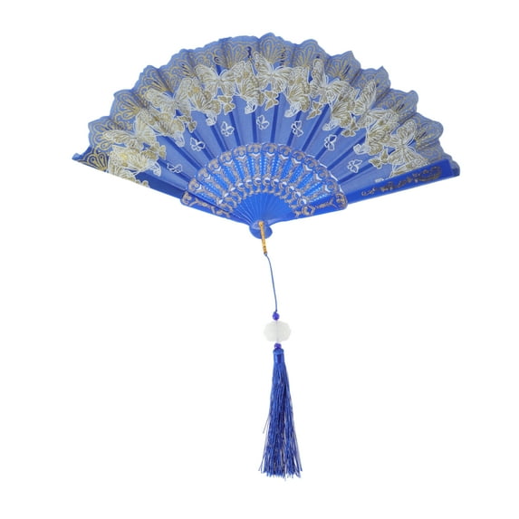 Unique Bargains 1 Pc Butterfly with Tassel Folding Fan for Masquerade Blue Silk Fabric