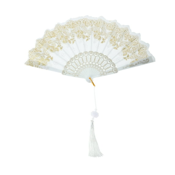Unique Bargains 1 Pc Butterfly with Tassel Folding Fan for Masquerade White Silk Fabric