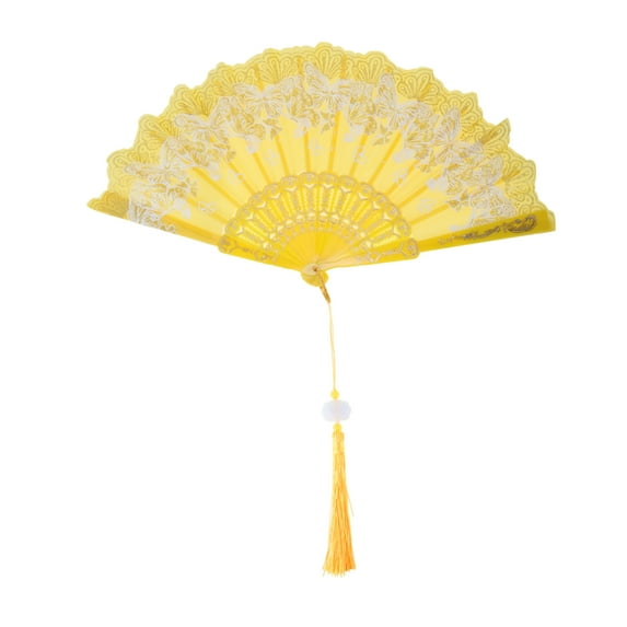 Unique Bargains 1 Pc Butterfly with Tassel Folding Fan for Masquerade Yellow Silk Fabric