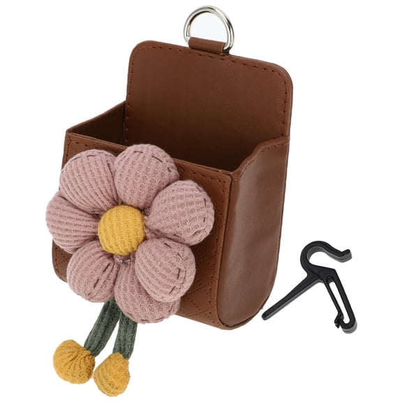 Unique Bargains 1 Pc Car Trash Can Hanging Trash Bin 3.5" Length 2.0" Width 4.3" Height Pink Brown Faux Leather