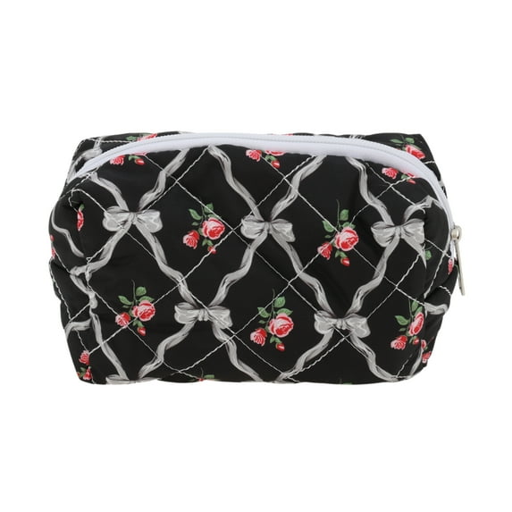 Unique Bargains 1 Pc Cartoon Print Bow Rose Style Drawstring Makeup Bag for Vacation Black Polyester