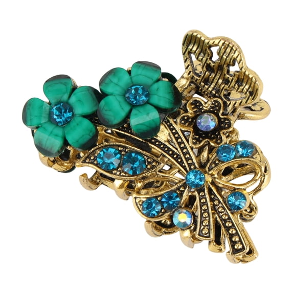 Unique Bargains 1 Pc Claw Clip Double Flower with Rhinestones Green