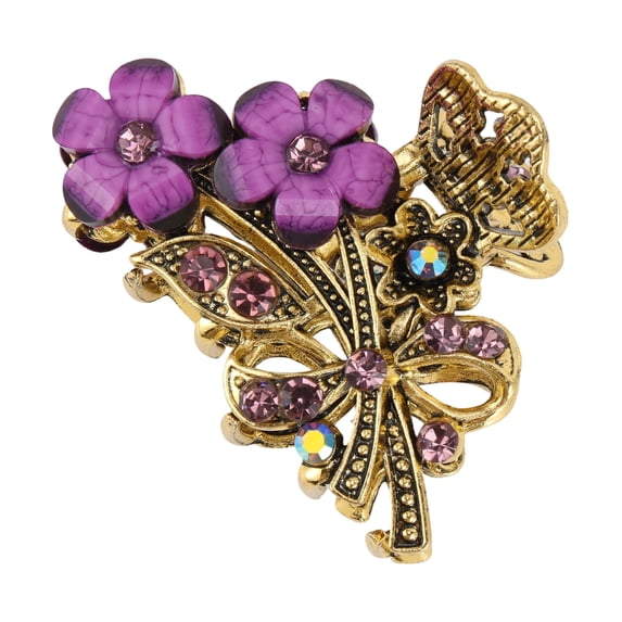 Unique Bargains 1 Pc Claw Clip Double Flower with Rhinestones Purple