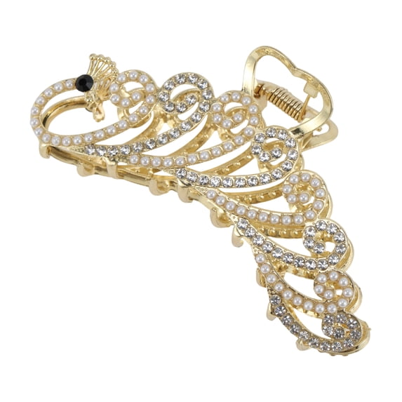 Unique Bargains 1 Pc Claw Clip Peacock with Pearls and Rhinestones Silver + white