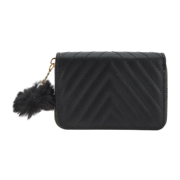 Unique Bargains 1 Pc Coin Purse Wallet Portable Diagonal Stitching And Plush Balls Coin Purse Pouch Black