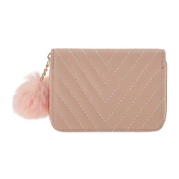 Unique Bargains 1 Pc Coin Purse Wallet Portable Diagonal Stitching And Plush Balls Coin Purse Pouch Pink