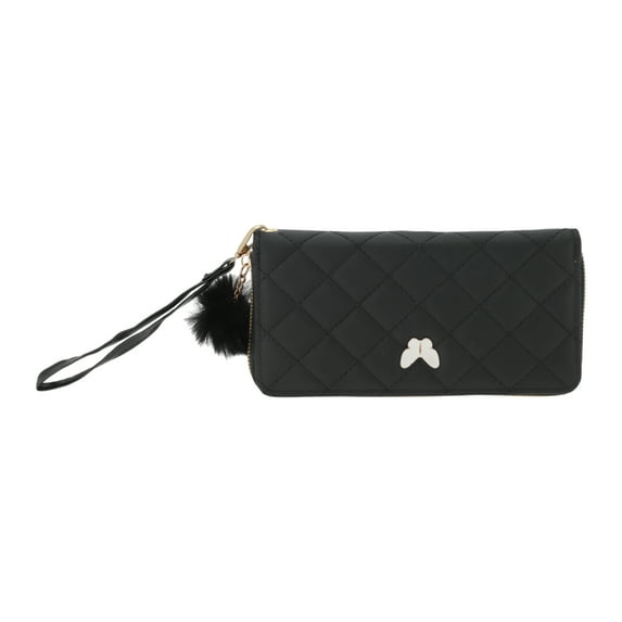 Unique Bargains 1 Pc Coin Purse Wallet Portable Rhombus Check Wristband Plush Pom Zip Coin Purse Pouch Black