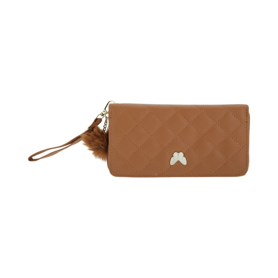 Unique Bargains 1 Pc Coin Purse Wallet Portable Rhombus Check Wristband Plush Pom Zip Coin Purse Pouch Brown