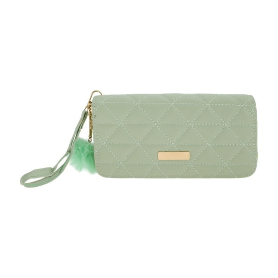Unique Bargains 1 Pc Coin Purse Wallet Portable Triangle Grid Wristband Plush Pom Double Zips Coin Purse Pouch Green