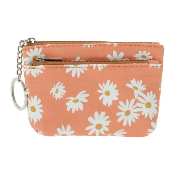 Unique Bargains 1 Pc Coin Purse Wallet Portable Two Zippered Pockets Floral Coin Purse Pouch Orange