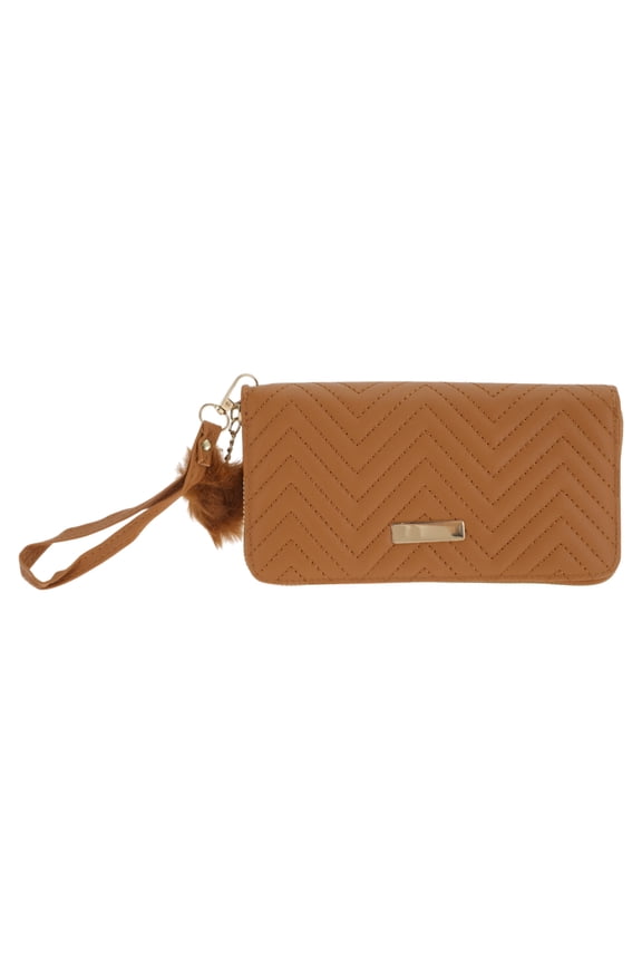 1 Pc Coin Purse Wallet Portable W-Shaped Corrugated Plush Ball Zipper Coin Purse Pouch Brown