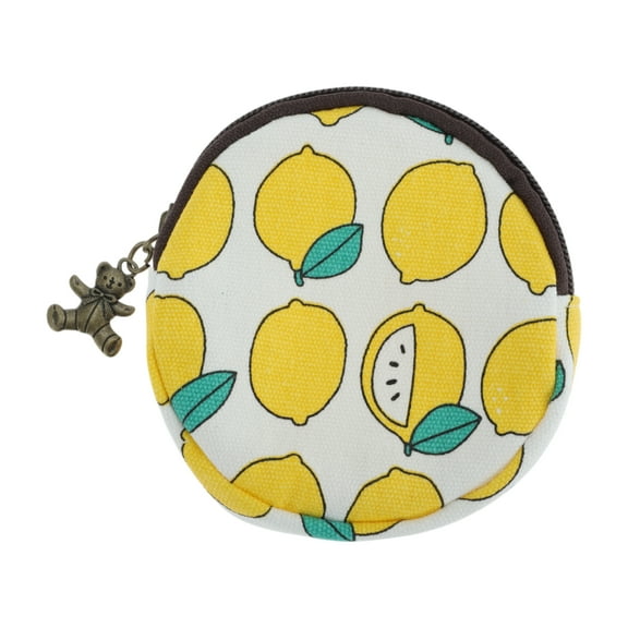 Unique Bargains 1 Pc Coin Purse Wallet Portable Zipper Round Lemon Coin Purse Pouch Bright Yellow White
