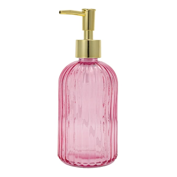Unique Bargains 1 Pc Convenient Vertical Stripe Soap Dispenser 13.53oz Pink Gold Tone