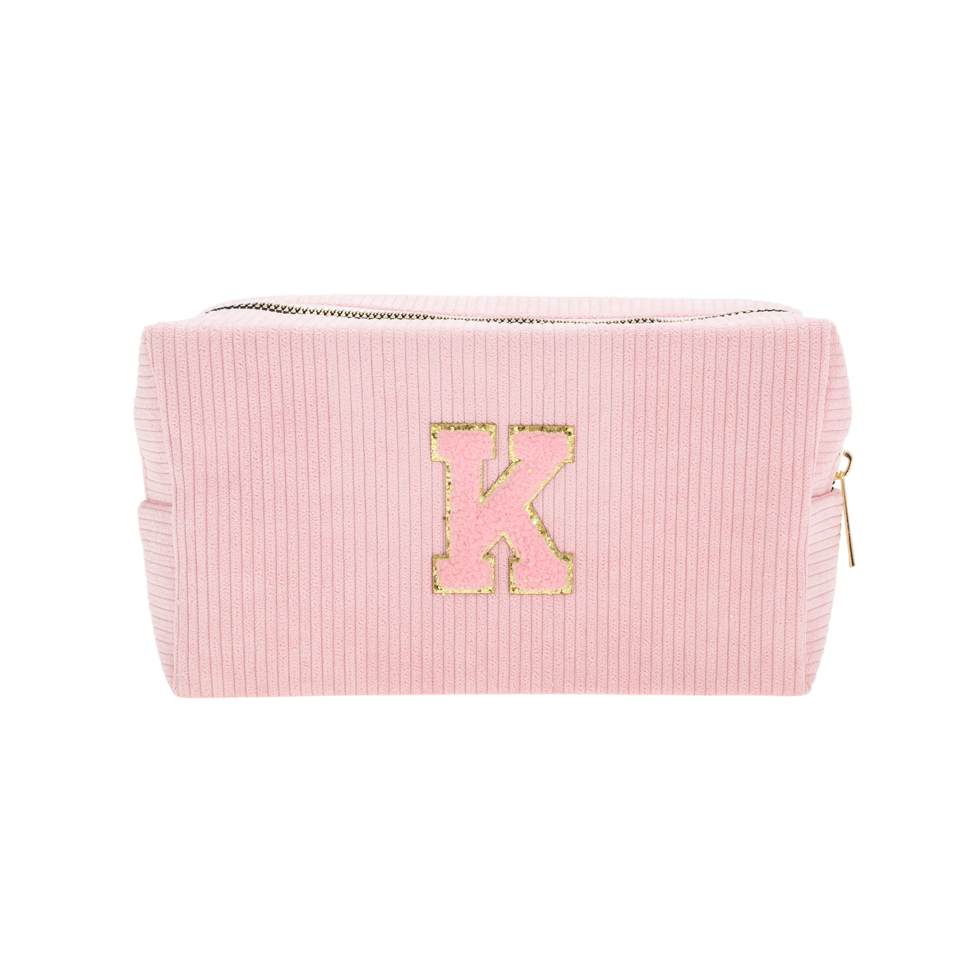 Unique Bargains 1 Pc Corduroy Rectangular Letter Makeup Bag Pink [Letter K]