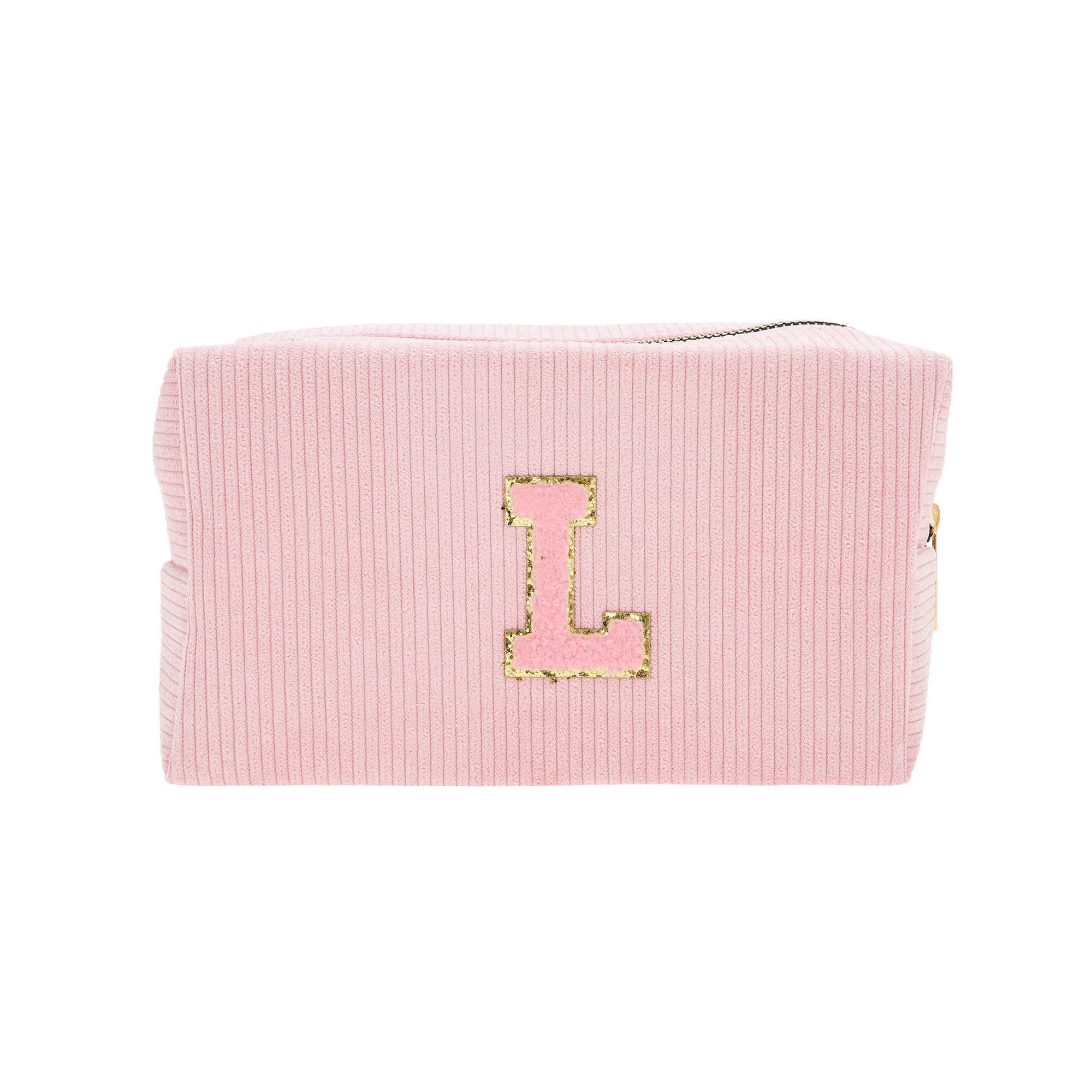 Unique Bargains 1 Pc Corduroy Rectangular Letter Makeup Bag Pink [Letter L]