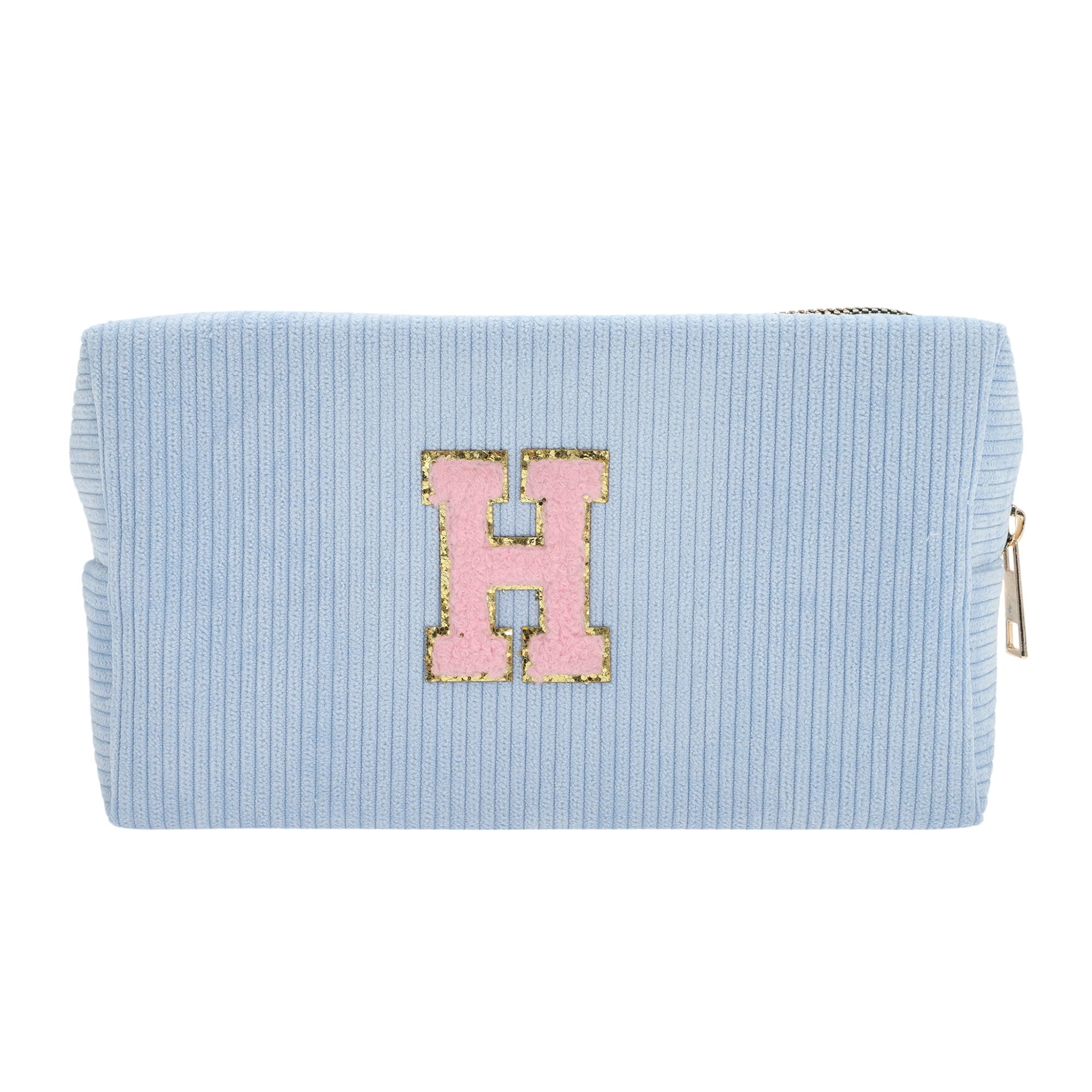 Unique Bargains 1 Pc Corduroy Rectangular Letter Makeup Bag Sky Blue [Letter H]