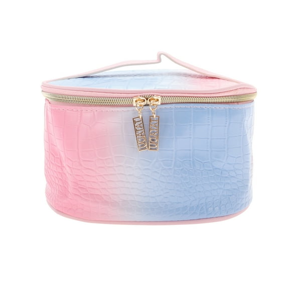 Unique Bargains 1 Pc Crocodile Pattern Oval Makeup Bag Pink Blue PU