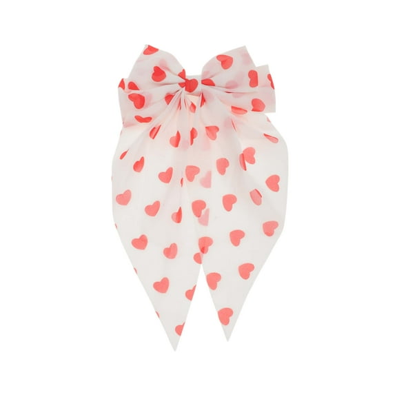Unique Bargains 1 Pc Cute Heart Shaped Printed Bow Ribbon Spring Hair Clips Red White