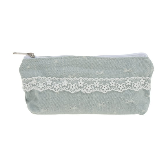 Unique Bargains 1 Pc Denim Lace Style Drawstring Makeup Bag for Vacation Light Blue Polyester