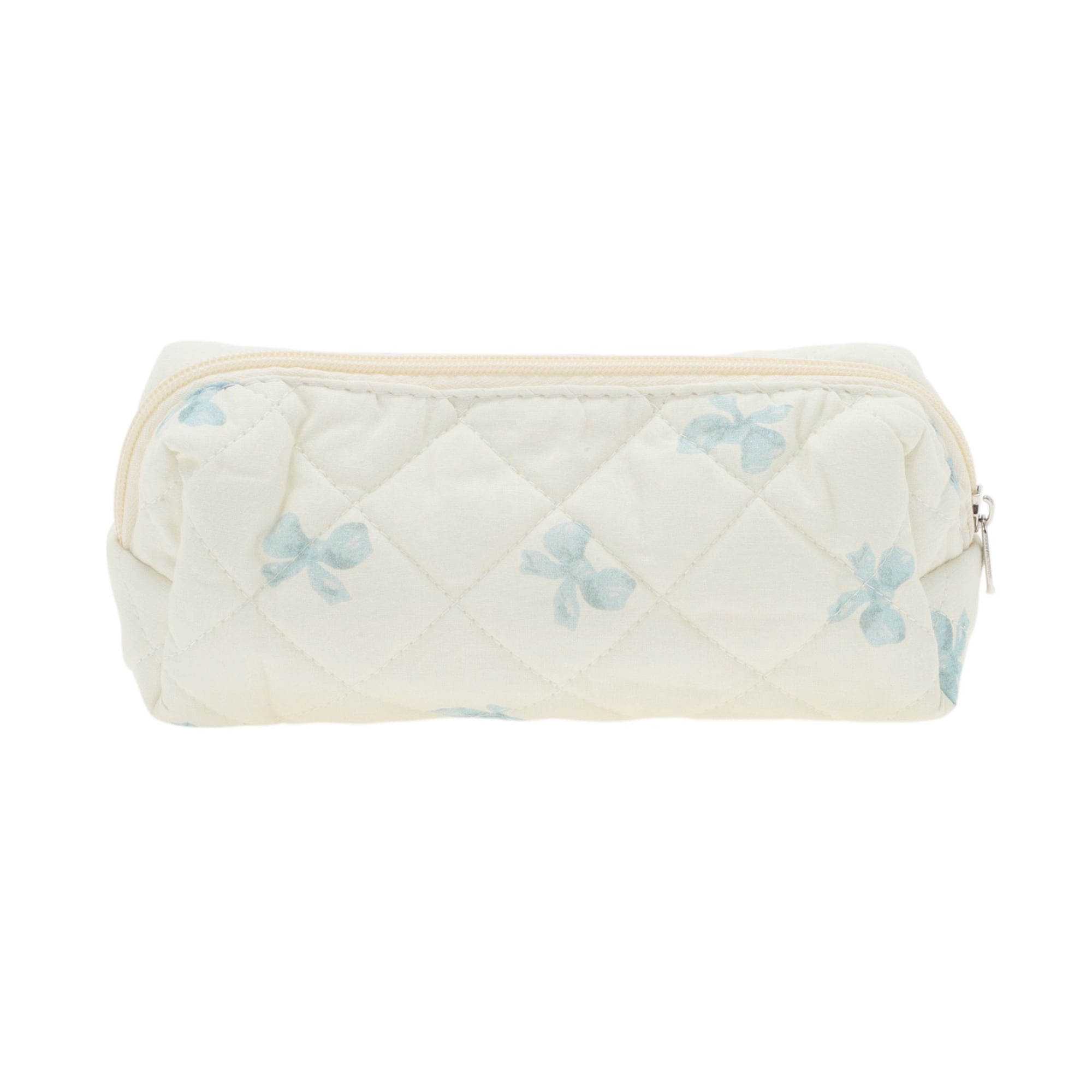 Unique Bargains 1 Pc Durable Bow Quilting Makeup Bag with Smooth Zipper White, Blue