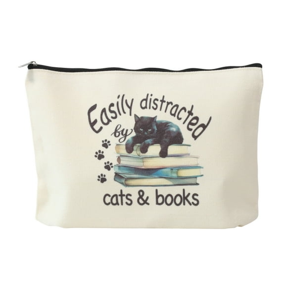 Unique Bargains 1 Pc Durable Cats and Books Pattern Makeup Bag Beige Canvas