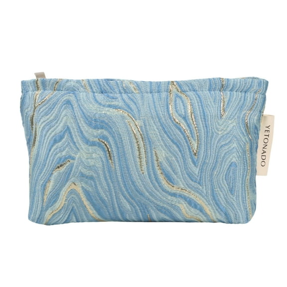 Unique Bargains 1 Pc Durable Embossment Oil Painting Handheld Makeup Bag for Vacation Large Blue Polyester