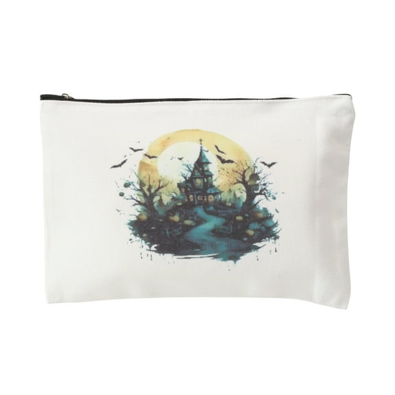 Unique Bargains 1 Pc Durable Halloween Castle Pattern Makeup Bag White Canvas