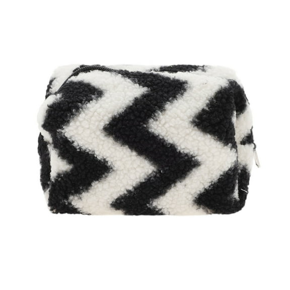 Unique Bargains 1 Pc Durable Stripes Makeup Bag Black White Fleece