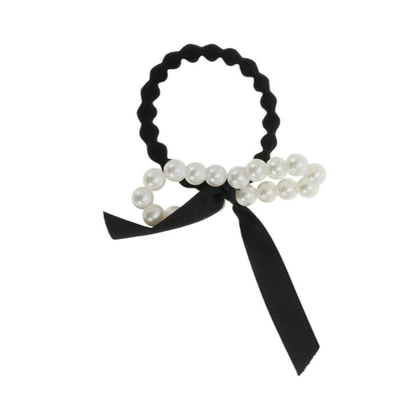 Unique Bargains 1 Pc Elegant Bow Pearl Scrunchies Hair Elastic Band black