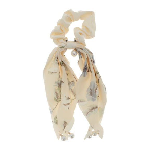 Unique Bargains 1 Pc Elegant Double-layer ribbon pearl Scrunchies Hair Elastic Band white