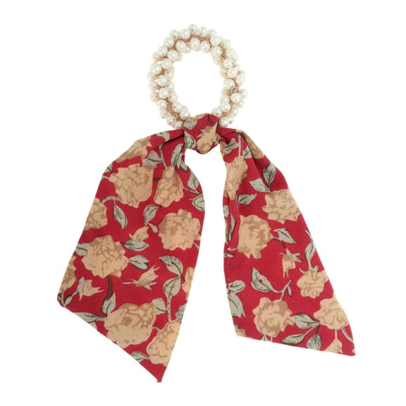 Unique Bargains 1 Pc Elegant Flower Pearl Ribbon Hair Elastic Band Beige Yellow Red