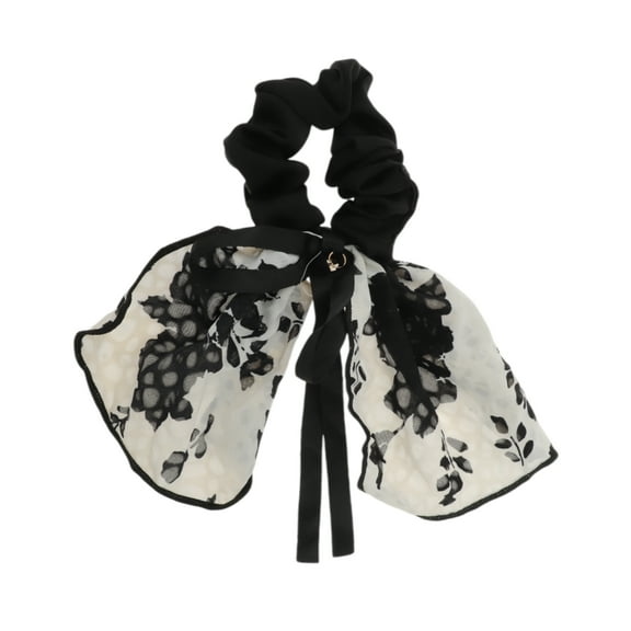 Unique Bargains 1 Pc Fashion Ribbon Scrunchies Hair Elastic Band black flower