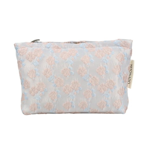 Unique Bargains 1 Pc Fashionable Floral Print Handheld Makeup Bag for Vacation Large Light Blue Pink Polyester