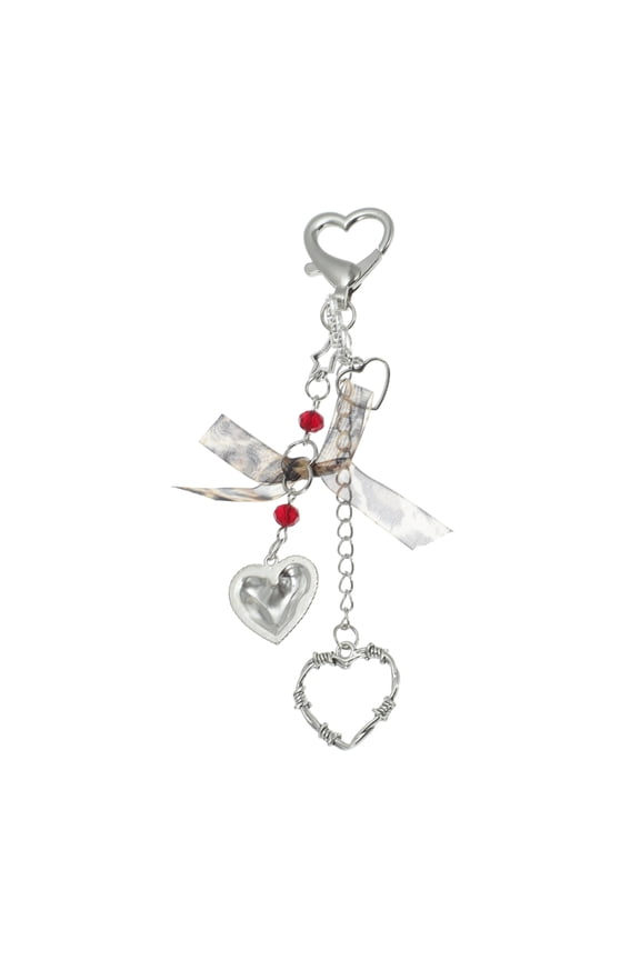 1 Pc Fashionable Heart Leopard Print Bow Handbag Charm Decorative Keychain Silver Tone