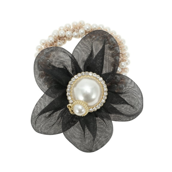 Unique Bargains 1 Pc Floral Rhinestone Faux Pearl Scrunchies for Home Black