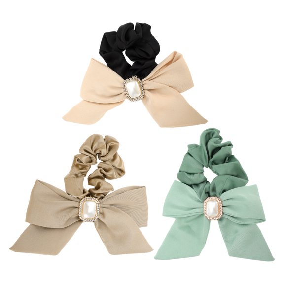 NOMADIC NOOK Grace Square Pearl Bow Hair Elastic Band 3 Pcs Gray Brown Green